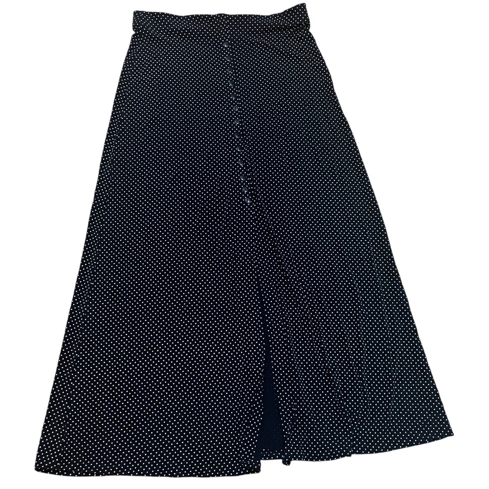 es-se Women's Petite Large Black White Pull On Polka Dot Button Front Midi Skirt